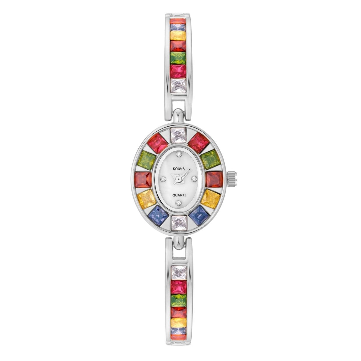 Kouvr Watch with colorful gemstone bezel on a white background