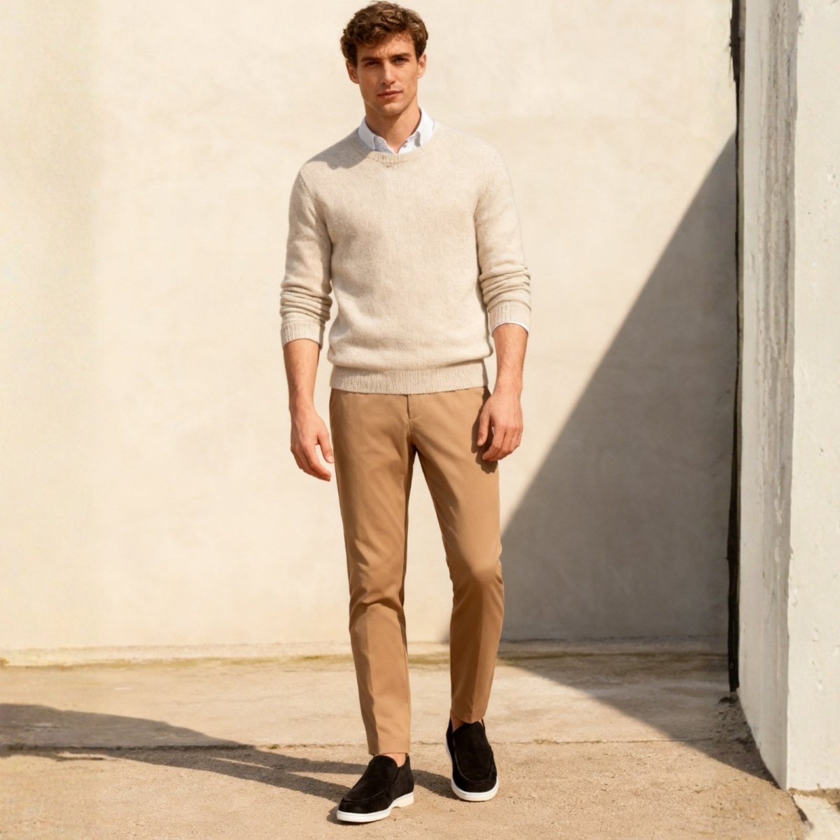 Man wearing Kouvr's Ralph black suede chukka sneaker boots with tan chinos and a beige sweater, showcasing a smart-casual luxury style.
