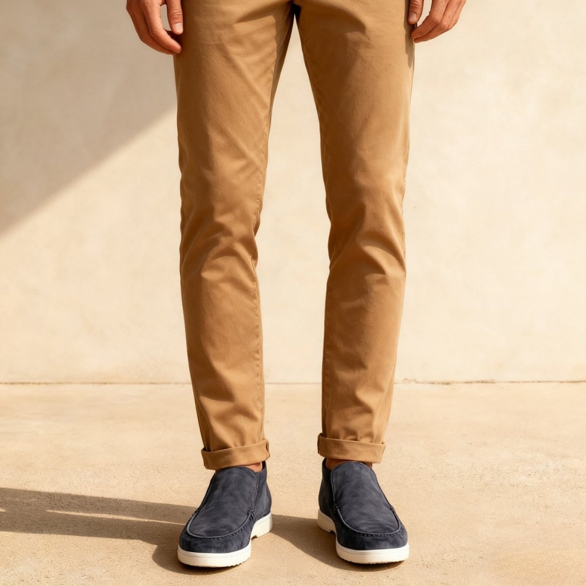 A man wearing Kouvr's navy suede slip-on loafer chukkas with rolled-up tan chinos, seen from the front against a sunlit wall.
