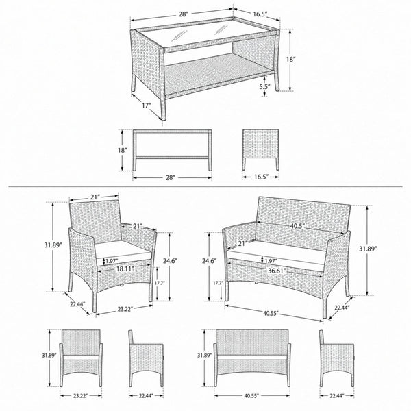 Detailed dimension specifications and layout guide for the Kouvr 4-piece wicker loveseat, chairs, and table showing exact seating measurements for space planning.
