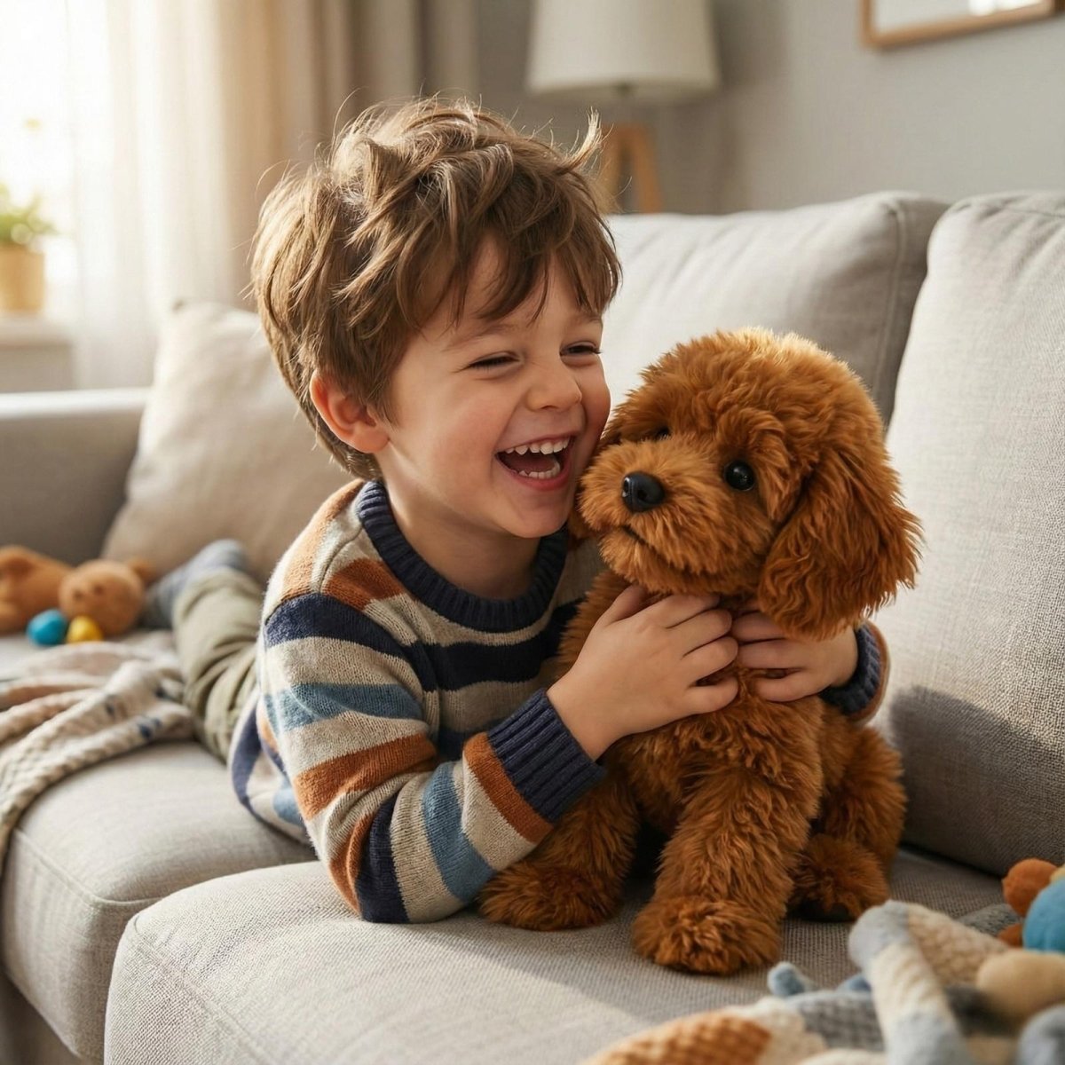 Happy young boy laughing while hugging a soft Kouvr realistic plush puppy, highlighting the lifelike curly brown fur and huggable size of the Labradoodle stuffed animal.