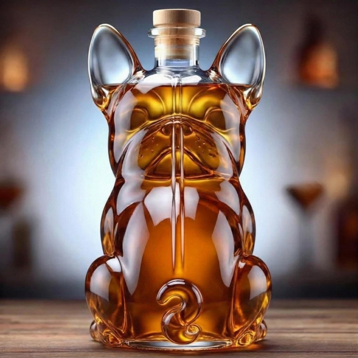 Back view of the Kouvr French Bulldog whiskey decanter, crafted from amber glass and showing the dog giving a middle finger gesture.