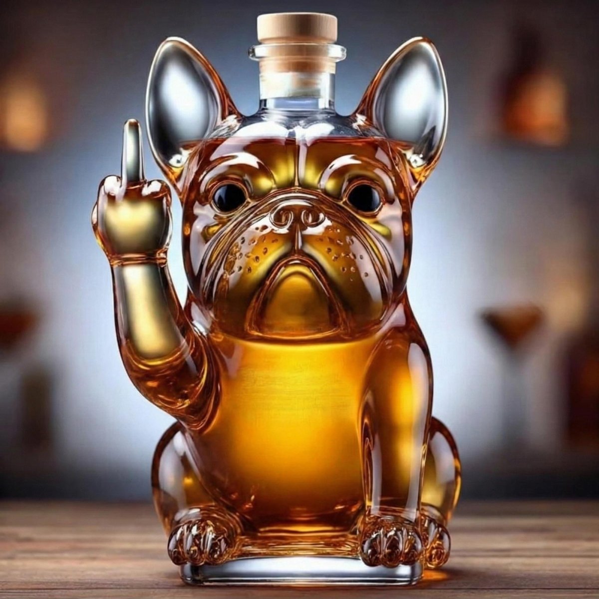 Front view of the Kouvr French Bulldog whiskey decanter, crafted from amber glass and showing the dog giving a middle finger gesture.