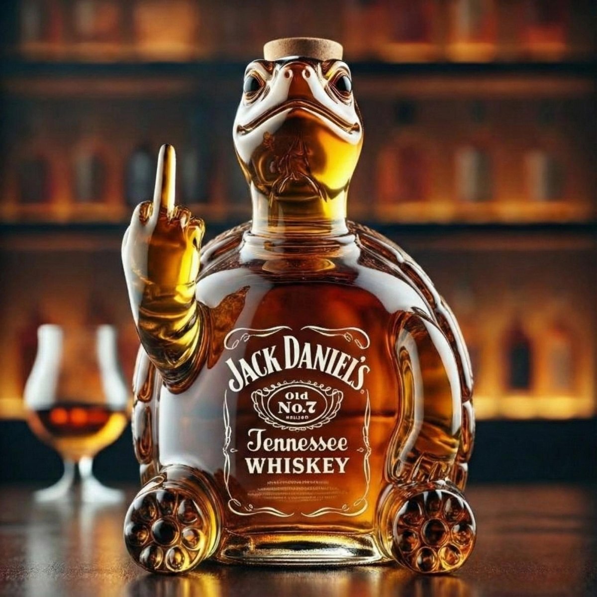 A front view of Kouvr's artisan glass turtle whiskey decanter filled with bourbon, sitting on a dark wood bar and making a defiant gesture.