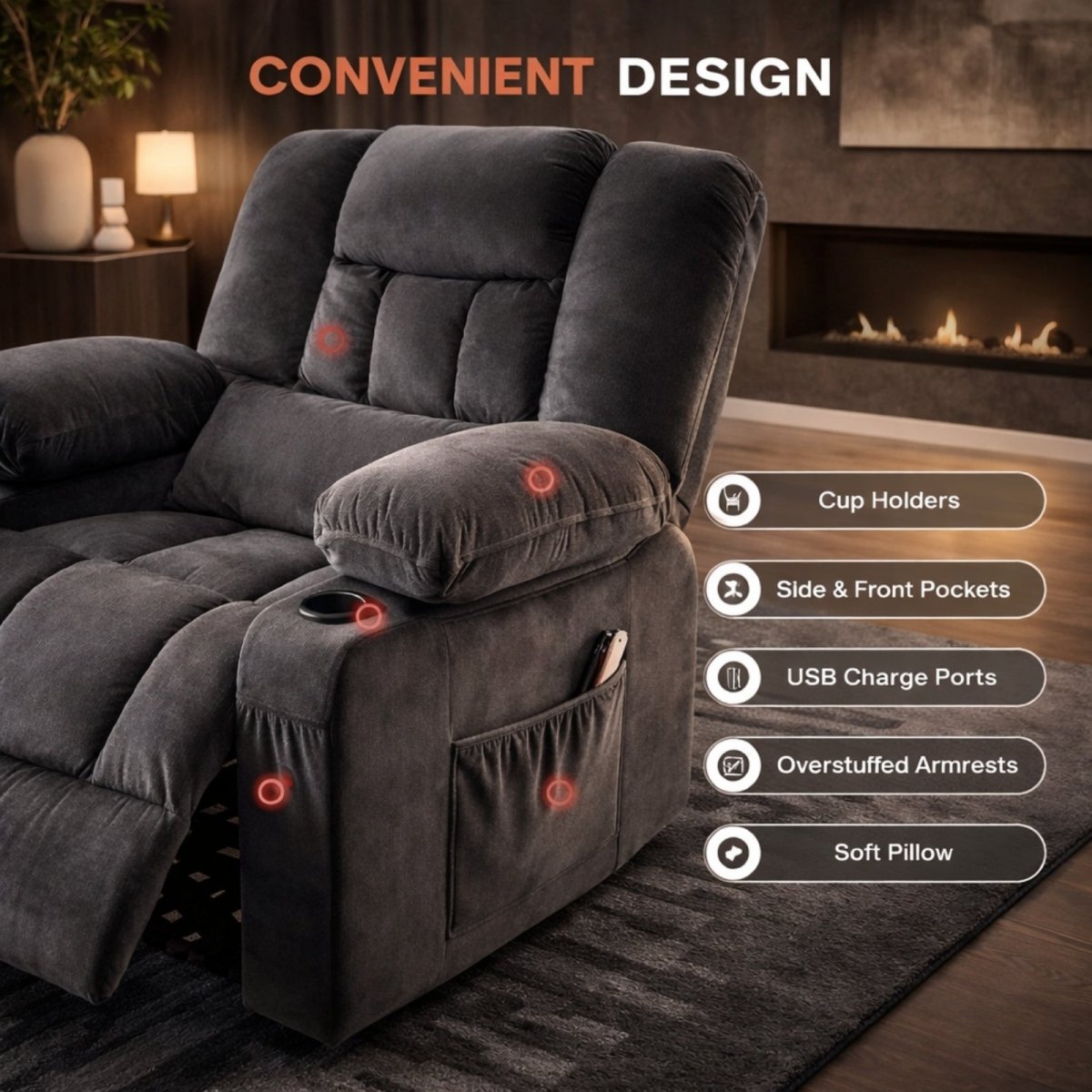 Infographic highlighting convenient features including cup holders, USB charge ports, side pockets, and soft pillow armrests on the grey recliner.
