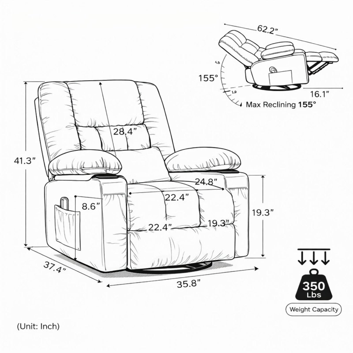 Technical dimension drawing of Kouvr recliner chair showing 37.4 inch width, 41.3 inch height, and heavy-duty 350 lbs weight capacity. 