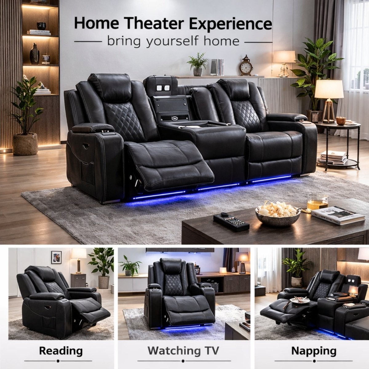 Technical dimension diagram of the Kouvr reclining loveseat showing width, height, and seat depth specifications.
