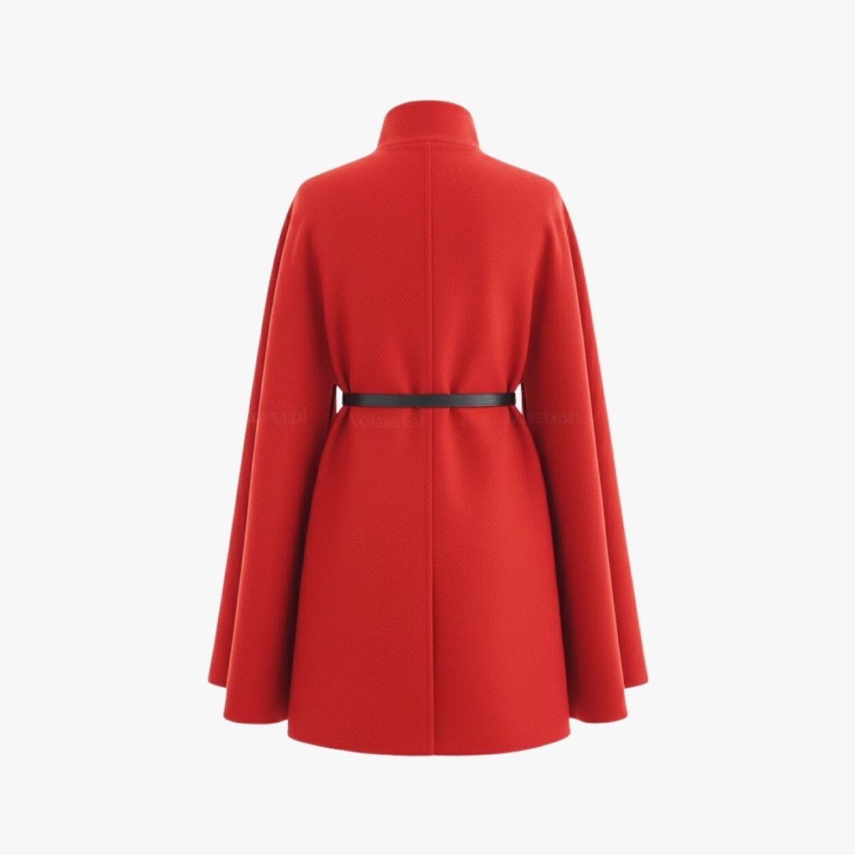 Ghost mannequin back view of the Kouvr red belted cape coat, showing the seaming and shape from behind.