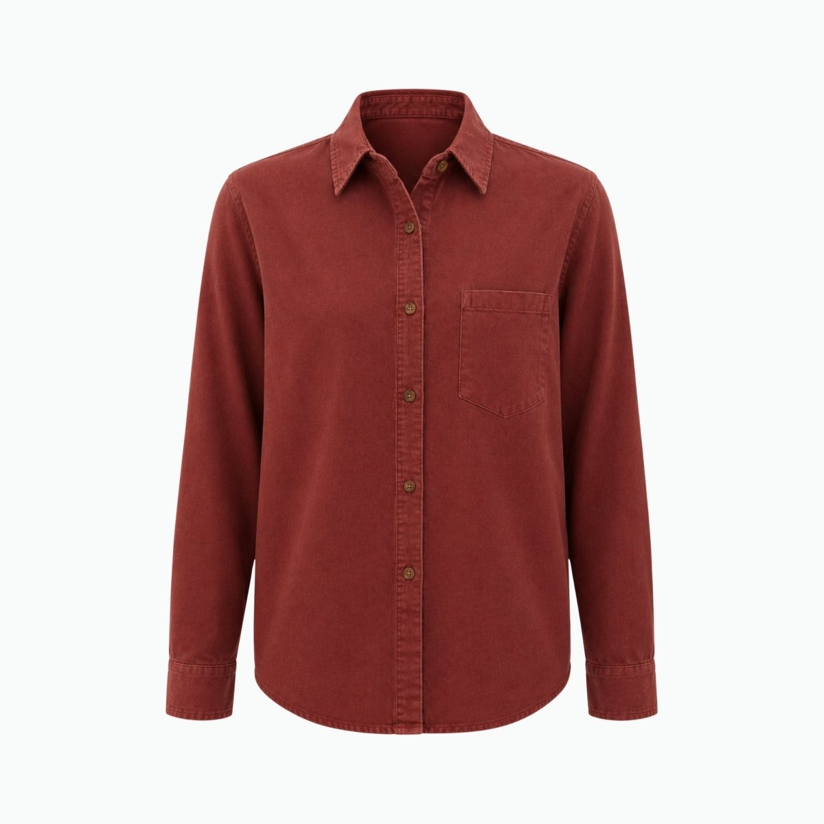 Flatlay front view of the Kouvr red button down blouse showing chest pocket and button cuffs on a white background.