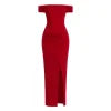 Front view of a woman wearing the Kouvr red off-shoulder formal gown with a sheer waist and hip cutout