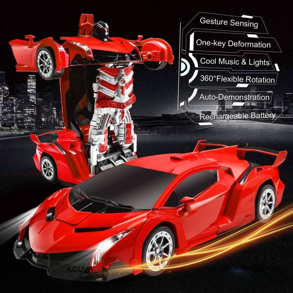 Red toy car transforming into a robot with cityscape background