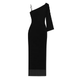Model wearing Kouvr Fashion black one shoulder evening gown standing on marble staircase.