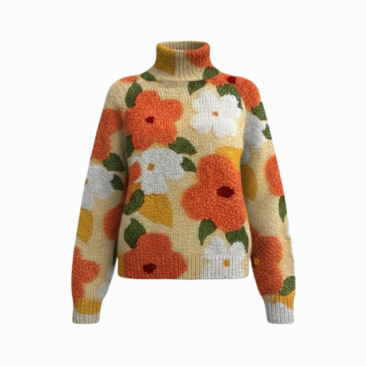 Product-only image of the Kouvr Regina floral sweater, showing the texture of the intarsia knit and vibrant orange, white, and green colors.