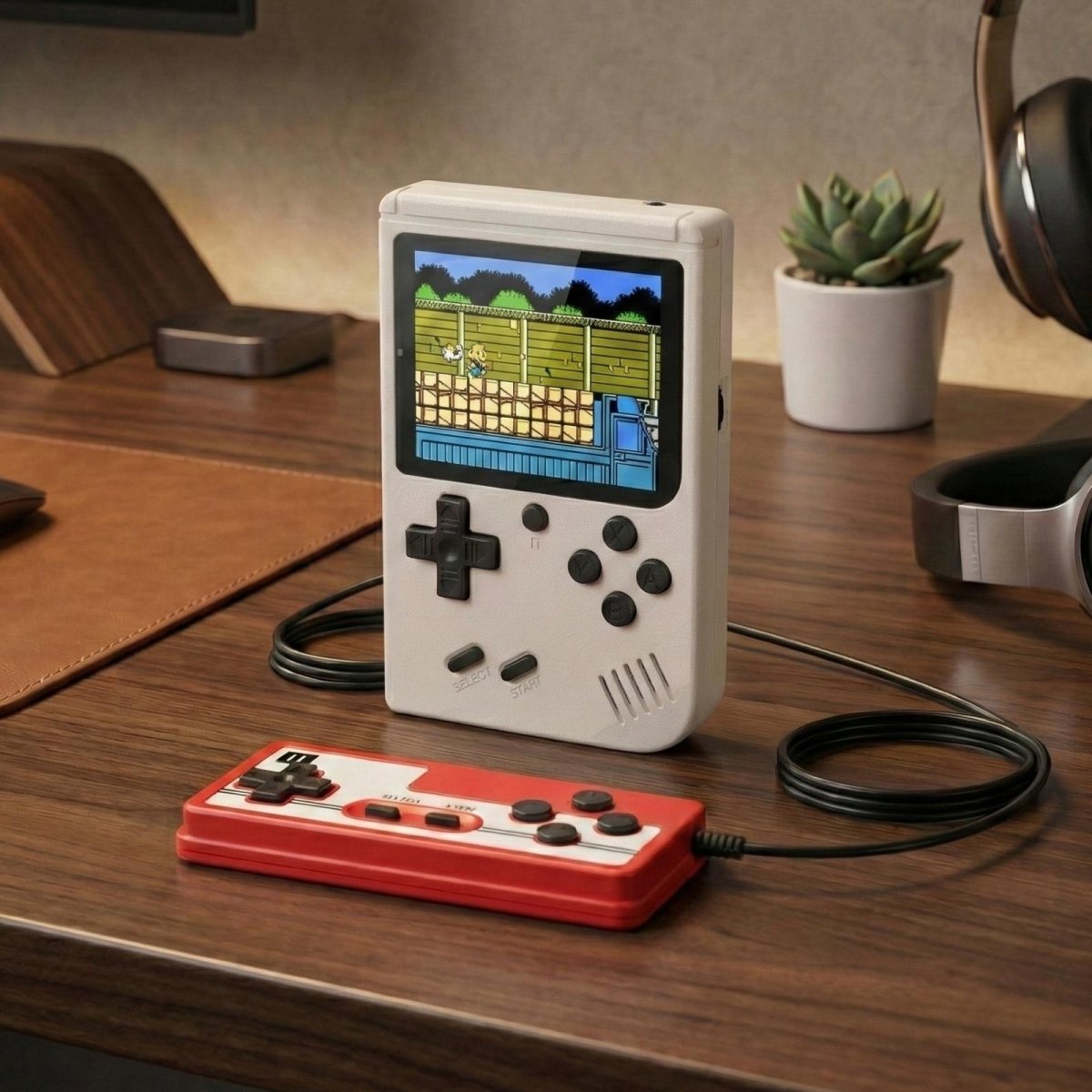 Kouvr white retro handheld game console on a desk with a second player controller plugged in, displaying a classic platformer game.