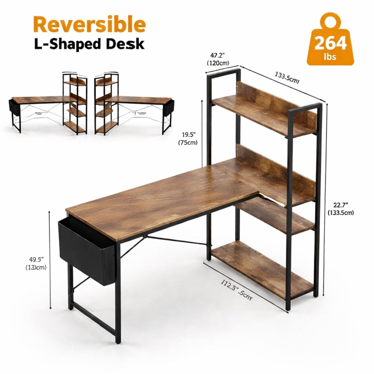 Kouvr Reversible L-Shaped Industrial Desk with Shelves in a rustic brown wood finish, configured for a modern home office with a large monitor and laptop.