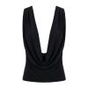 Product flat lay of the Kouvr Rhea black sleeveless top showing the deep, luxurious cowl neck drape in the front. 