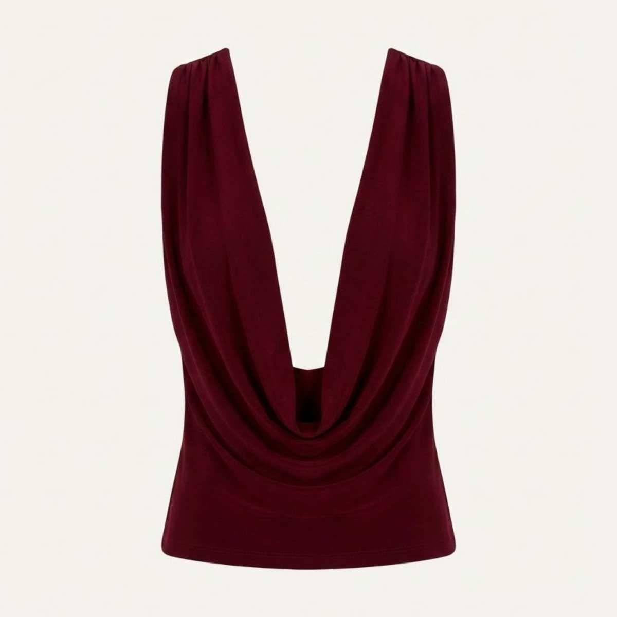 Flat lay product shot of the front of the Kouvr Rhea top in burgundy, showing the deep cowl neck detail.