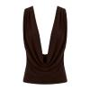 Flat lay of the Kouvr Rhea top showing the dramatic plunging cowl neck drape in rich dark brown jersey.