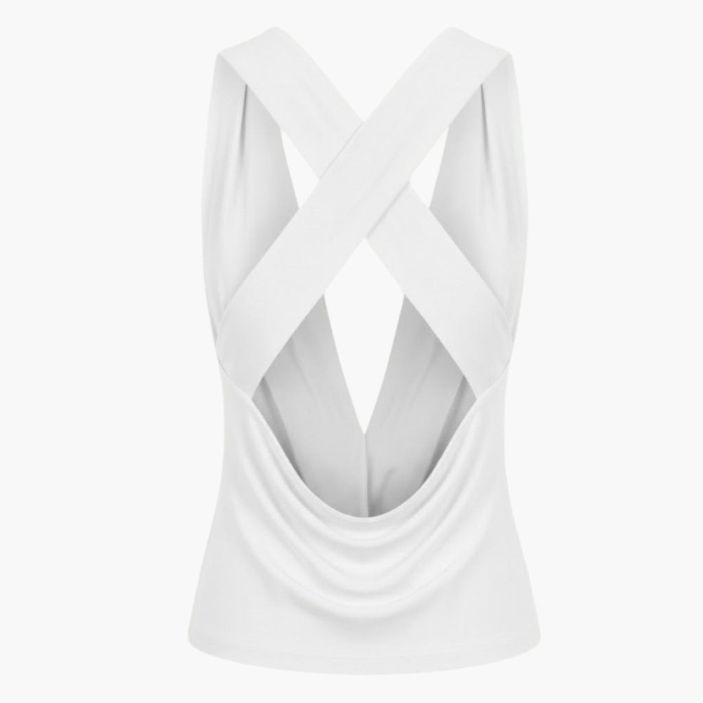White Cowl Neck Top with CrissCross Open Back Sleeveless Plunge — free download
