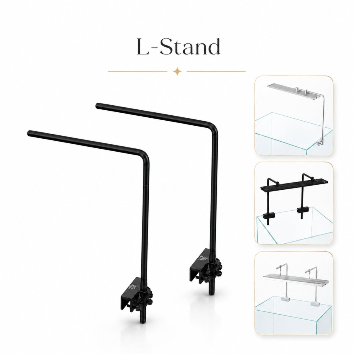 Sleek matte black Kouvr Horizon L-Stand for rimless aquarium lighting suspended above a modern glass fish tank.