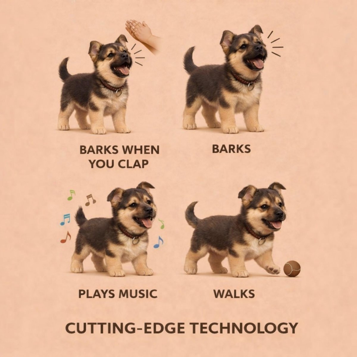 An infographic illustration detailing the interactive functions of the Kouvr Fashion robot German Shepherd: barks when you clap, barking, plays music, and walking, labeled as cutting-edge toy technology.