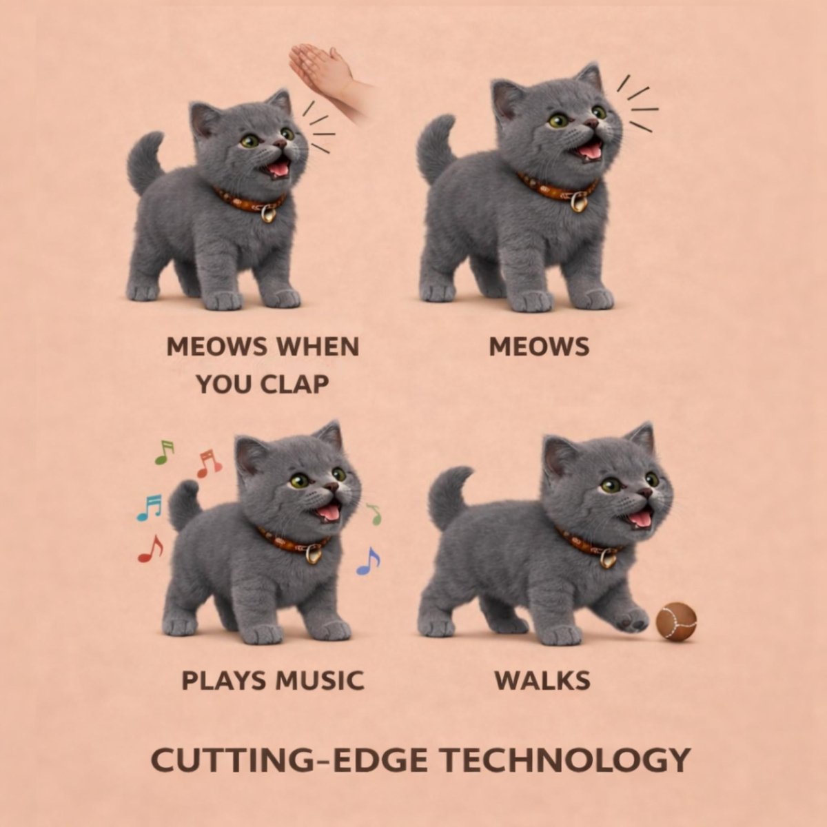 Illustration showing the cutting-edge technology of the Kouvr robot kitten: meow when you clap, Meow, plays music, and Walks.