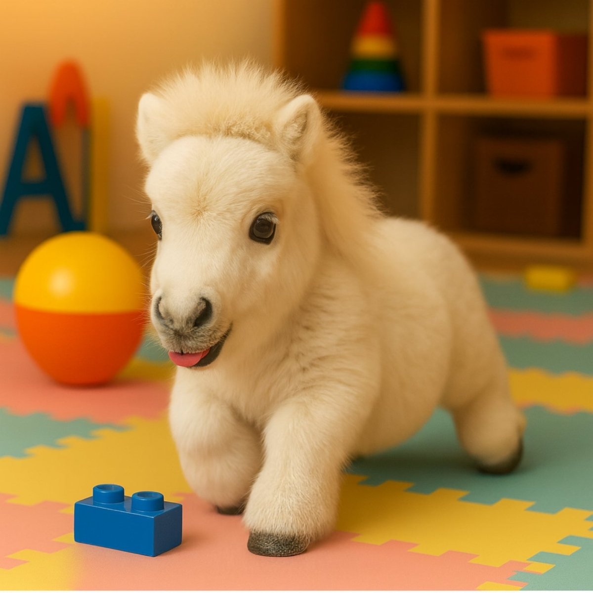 The white Kouvr interactive robot pony toy walking on a colorful playmat next to a blue building block in a child's playroom.