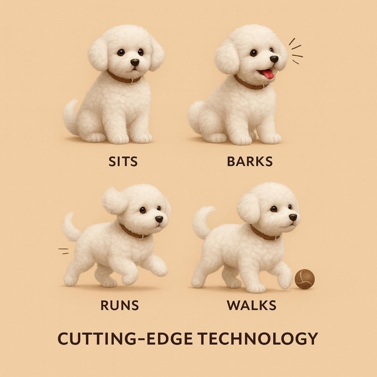 A graphic illustrating the four main actions of the Kouvr robot puppy: it sits, barks, runs, and walks, demonstrating its cutting-edge technology.
