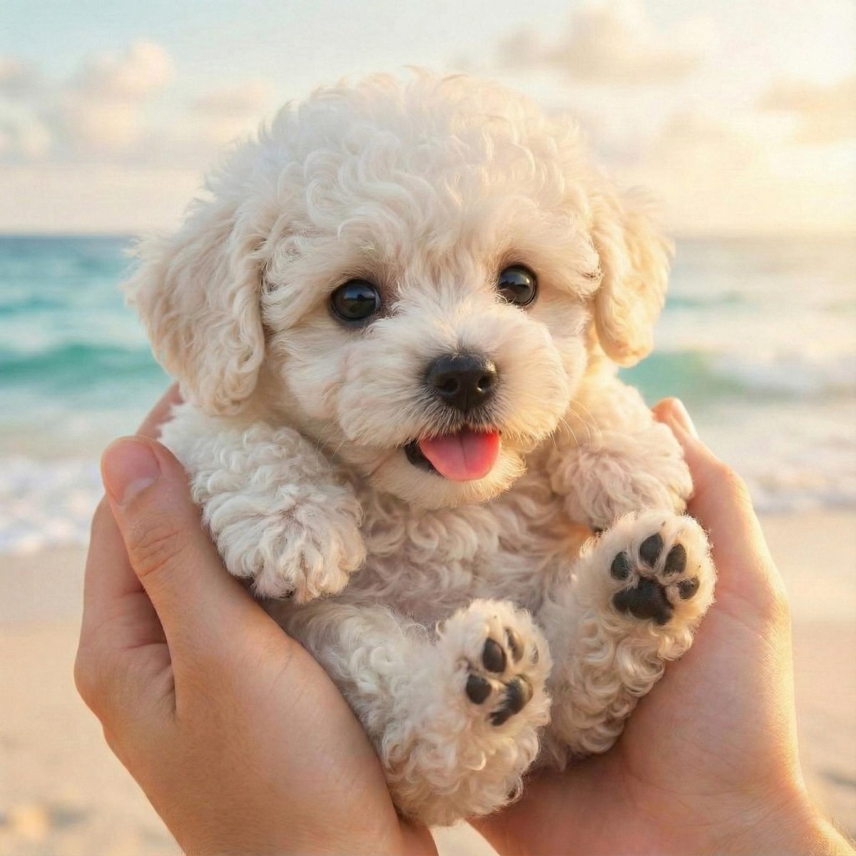 A person's hands holding a small, white, fluffy Kouvr robotic companion puppy toy with the ocean and beach in the background.