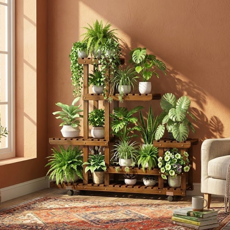 A rolling multi-level wooden plant stand holding various houseplants next to a comfortable armchair and a window in a modern, warm-toned home office setting.
