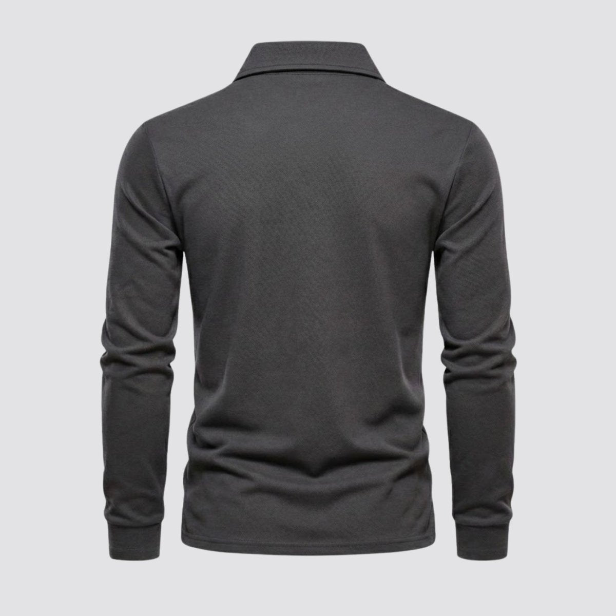 Product shot of the back of the Kouvr men's charcoal long sleeve polo, displaying the clean lines and construction.
