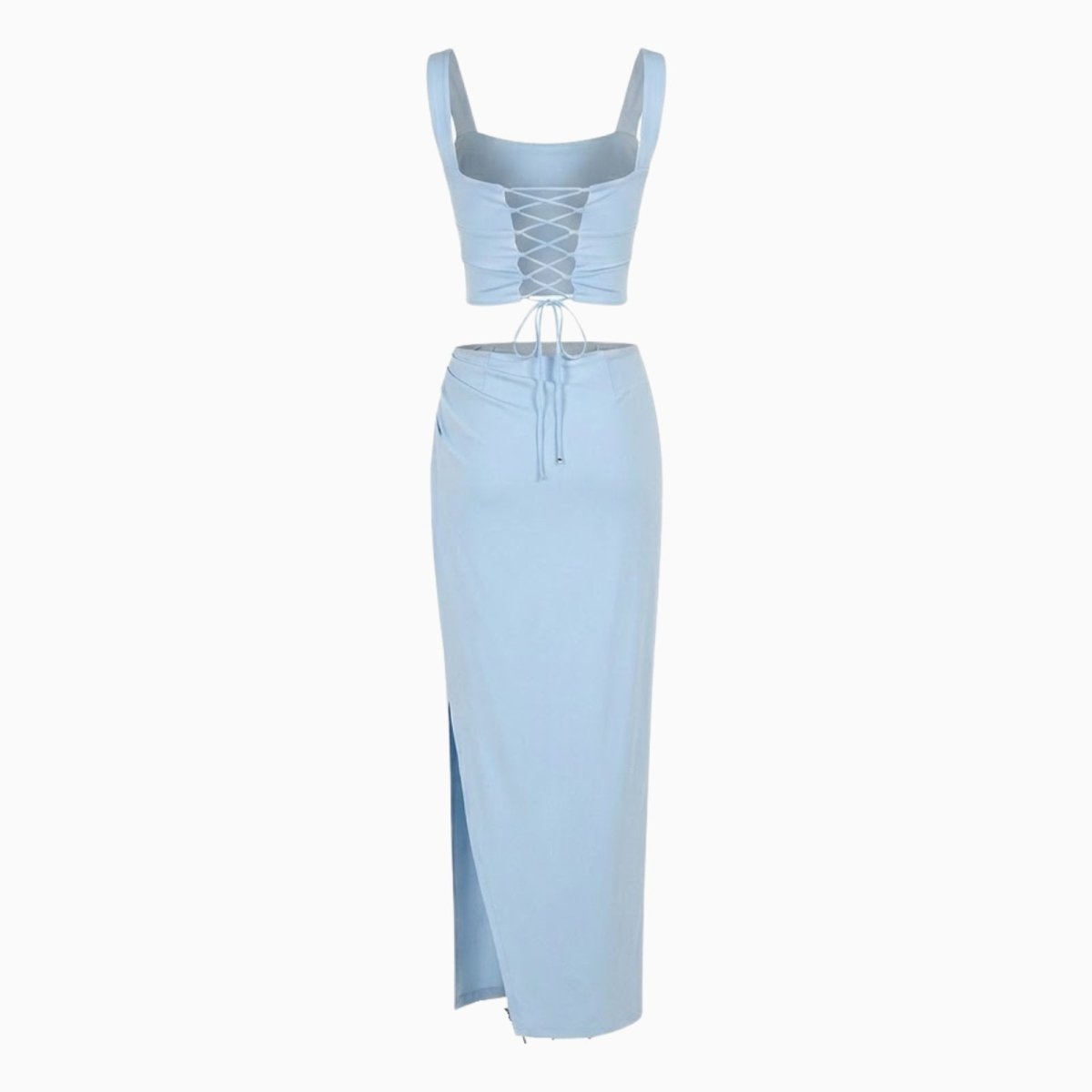 Flat lay of the light blue matching set from the back, displaying the lace-up corset detail and skirt construction.