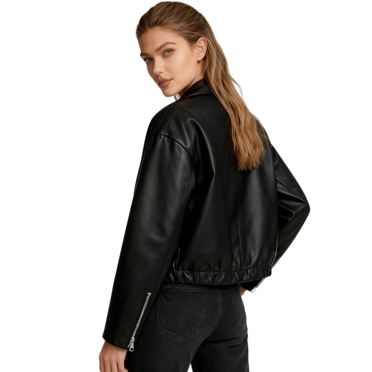 Person wearing a black Kouvr leather jacket on a white background