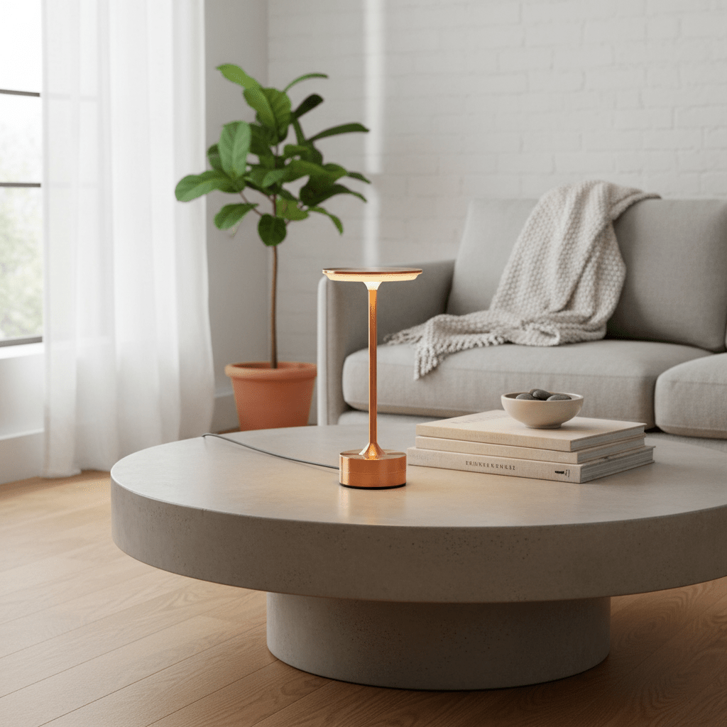 Rose gold cordless table lamp with type-c charging and touch dimming by Kouvr