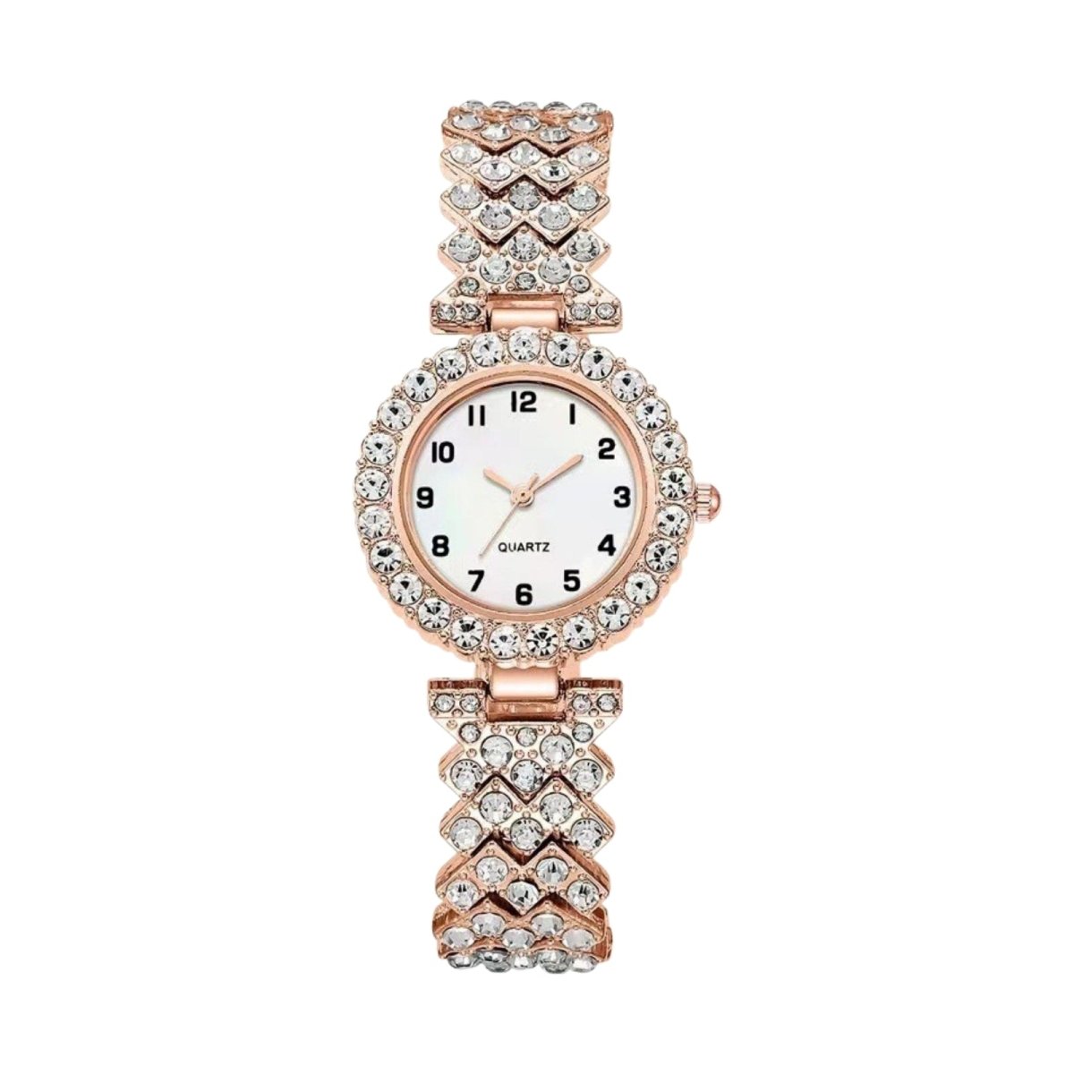 The Kouvr Maya ladies' watch and heart bracelet set shown in a polished rose gold finish with brilliant-cut crystals.