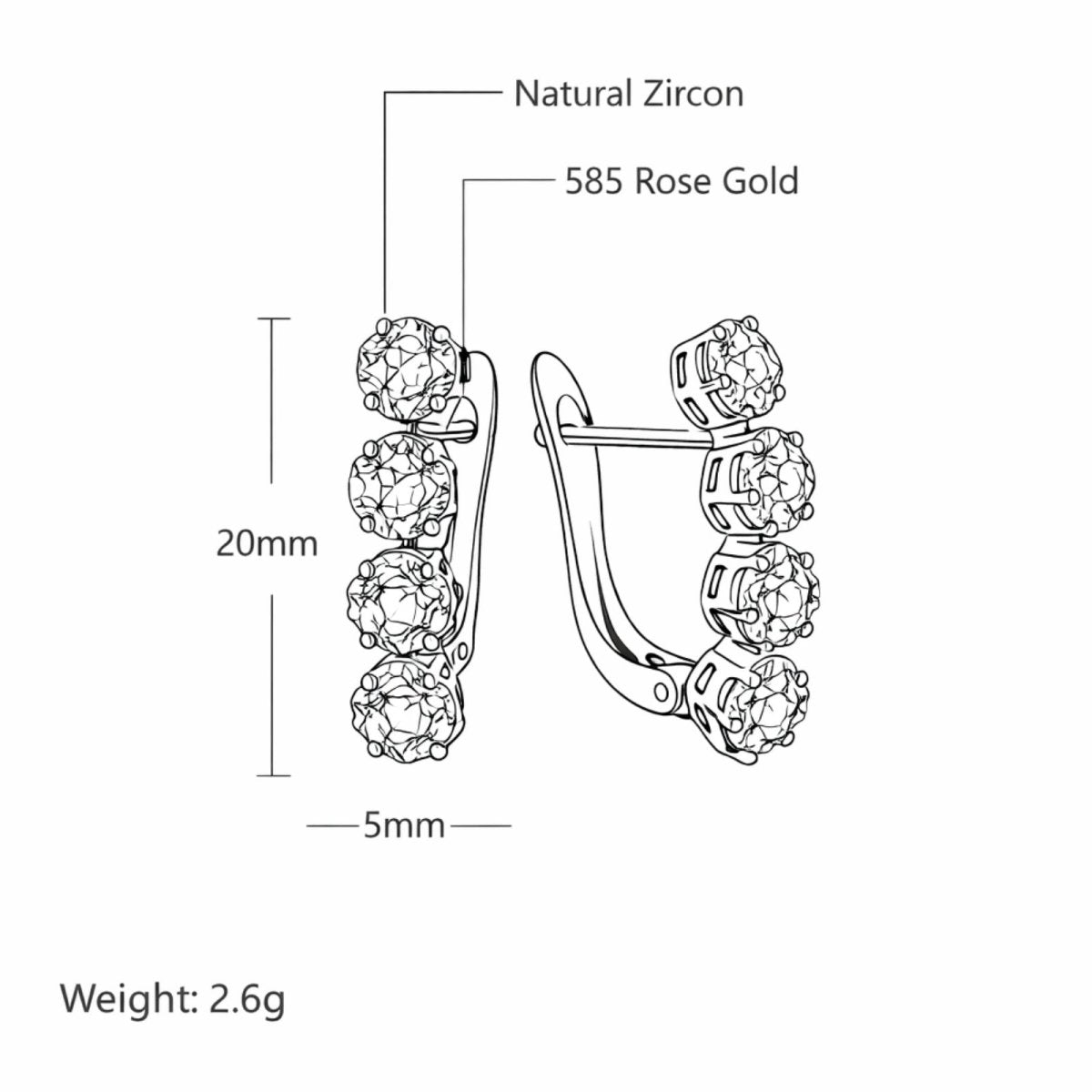 Technical drawing of the Kouvr four-stone earrings showing dimensions of 20mm height and 5mm width, with labels for Natural Zircon and 585 Rose Gold.