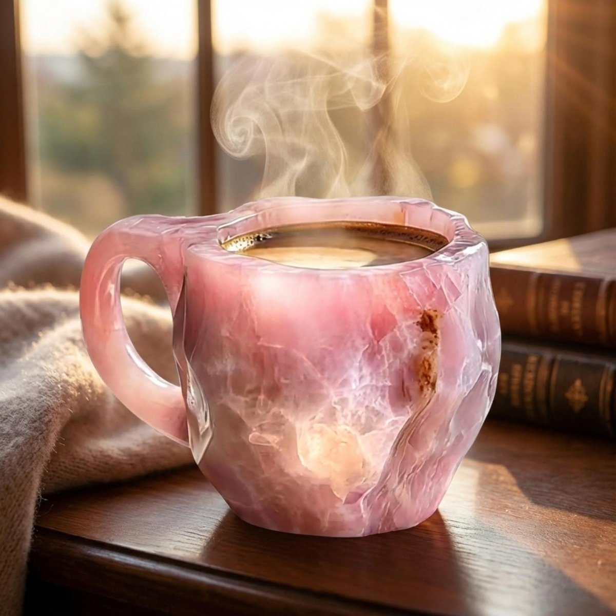 A luxury hand-carved rose quartz coffee mug filled with steaming coffee, sitting on a dark wood table with a soft, warm light from a window.