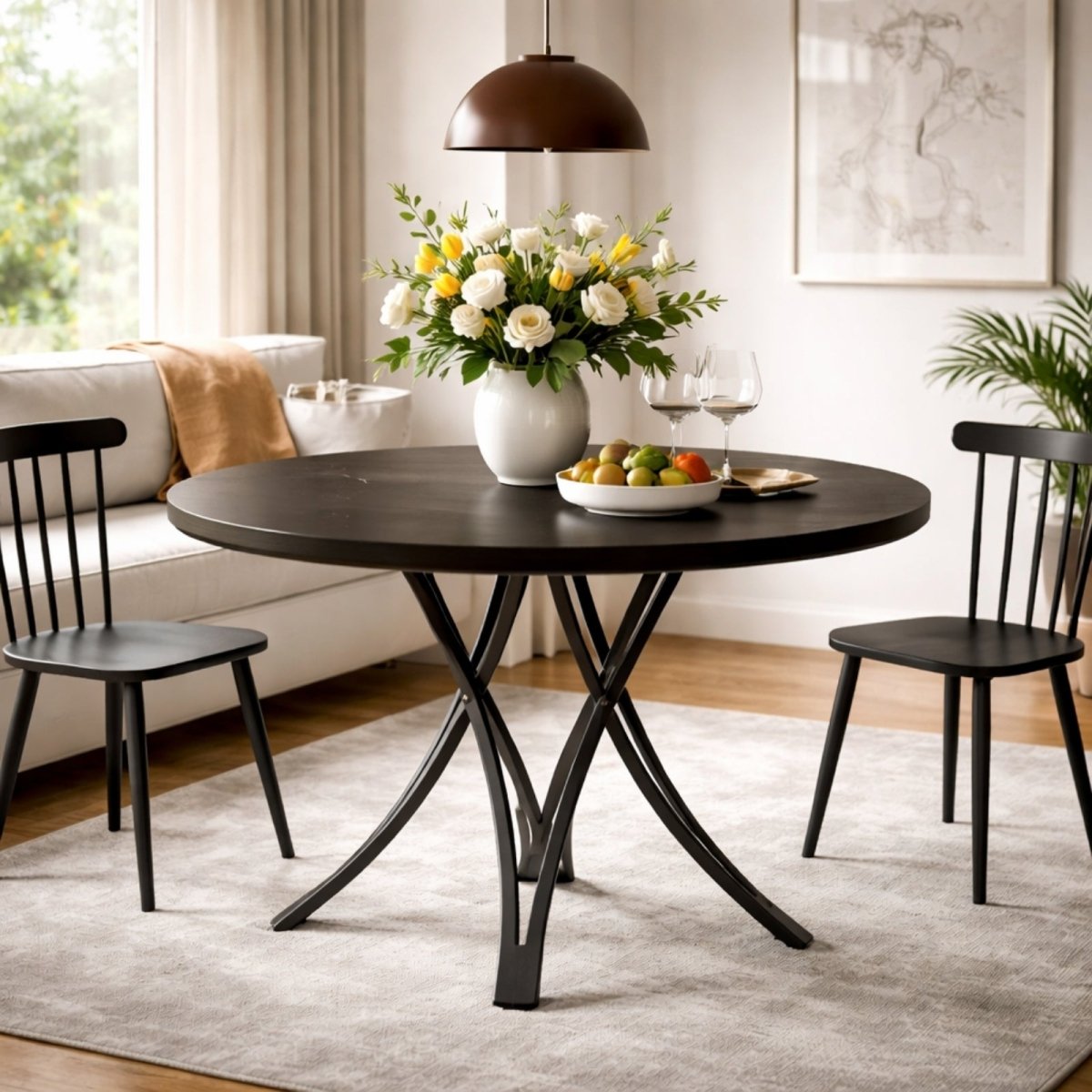 Technical dimension diagram of Kouvr round dining table showing 47.24 inch diameter top and 29.53 inch height suitable for 4 to 6 people.