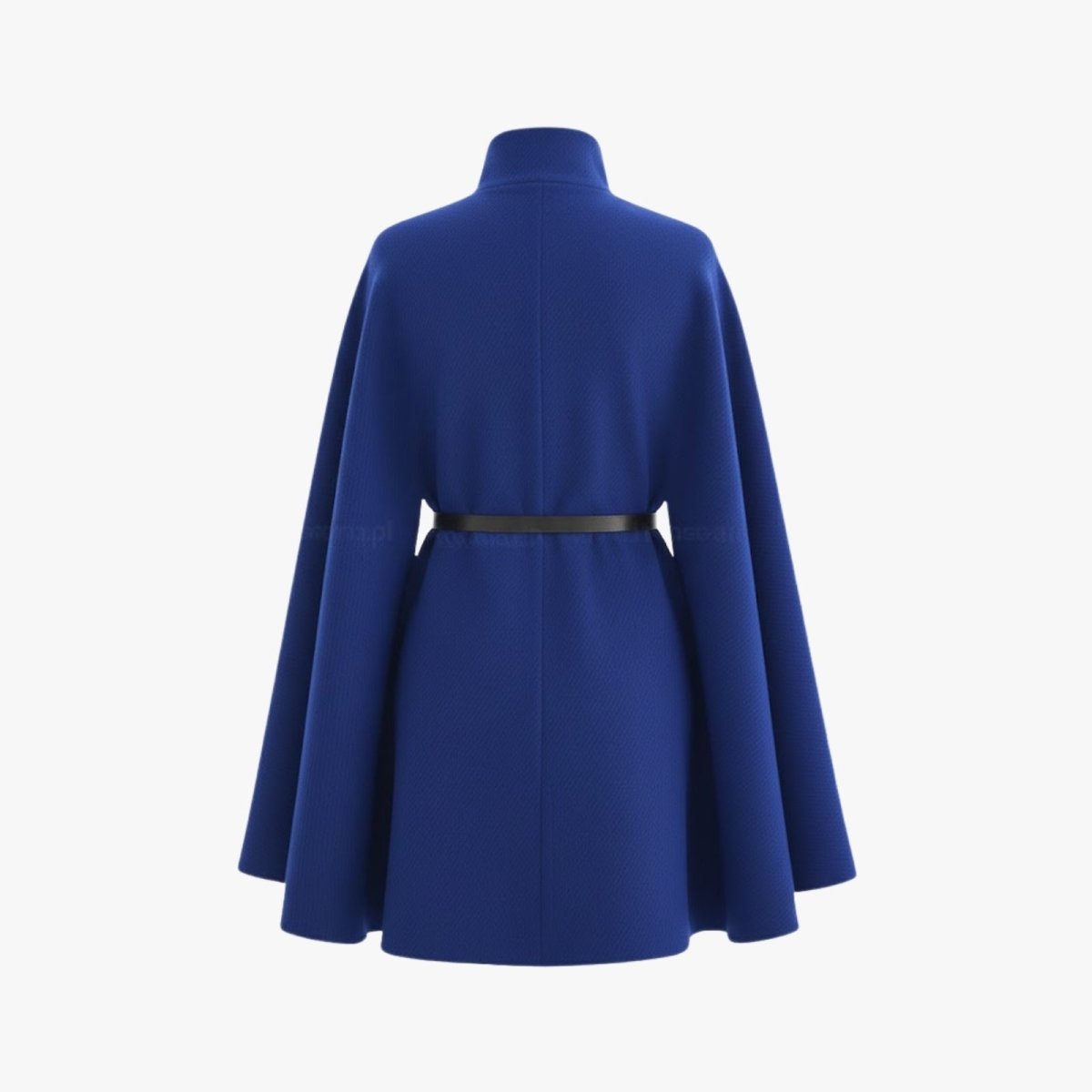 Studio product shot from the back of the Kouvr royal blue cape, displaying the belt and the structured shoulder construction.