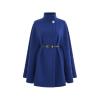 Studio product shot of the Kouvr belted wool cape in royal blue, detailed view of the pearl button, high neck, and fabric texture.