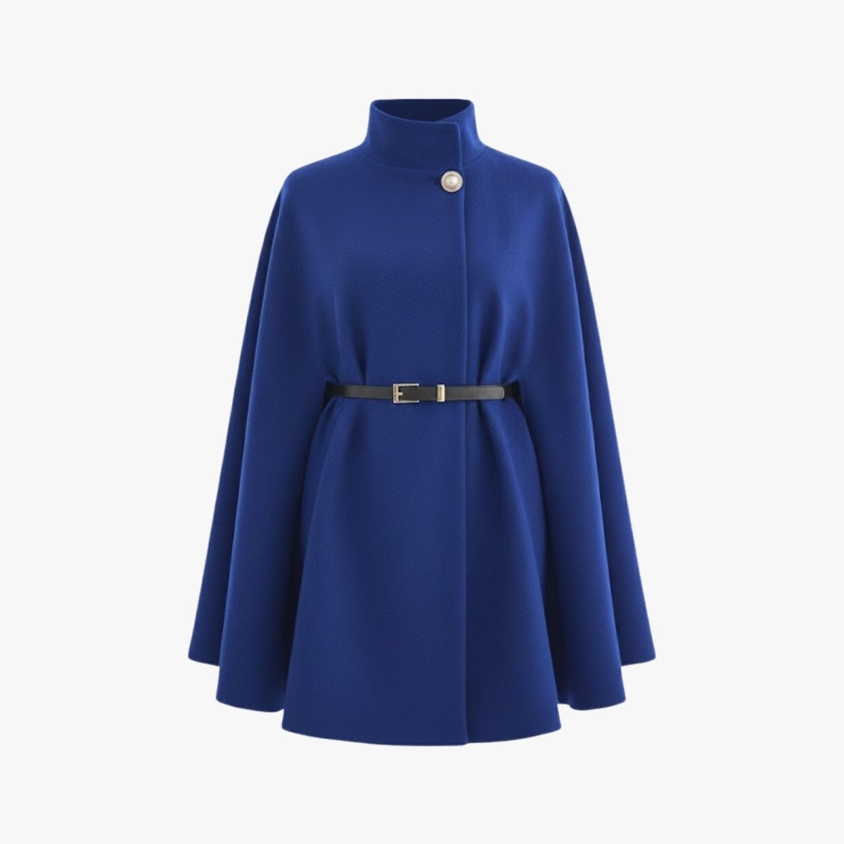 Studio product shot of the Kouvr belted wool cape in royal blue, detailed view of the pearl button, high neck, and fabric texture.
