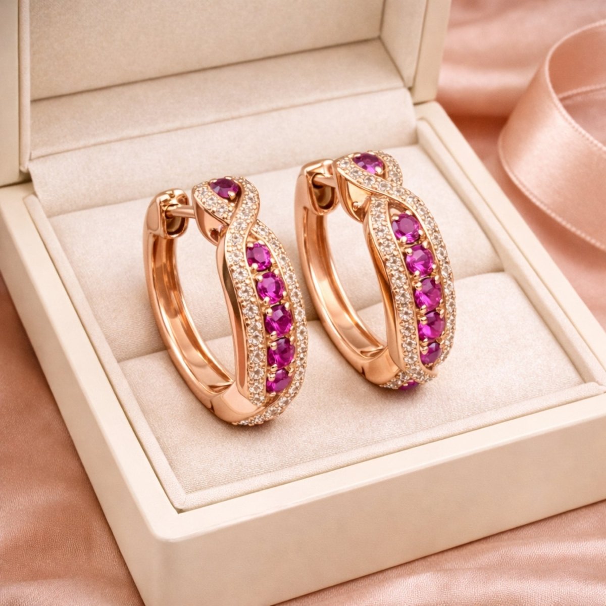 Kouvr's ruby and diamond infinity hoop earrings presented in an elegant, open white jewelry box with a soft pink ribbon nearby.