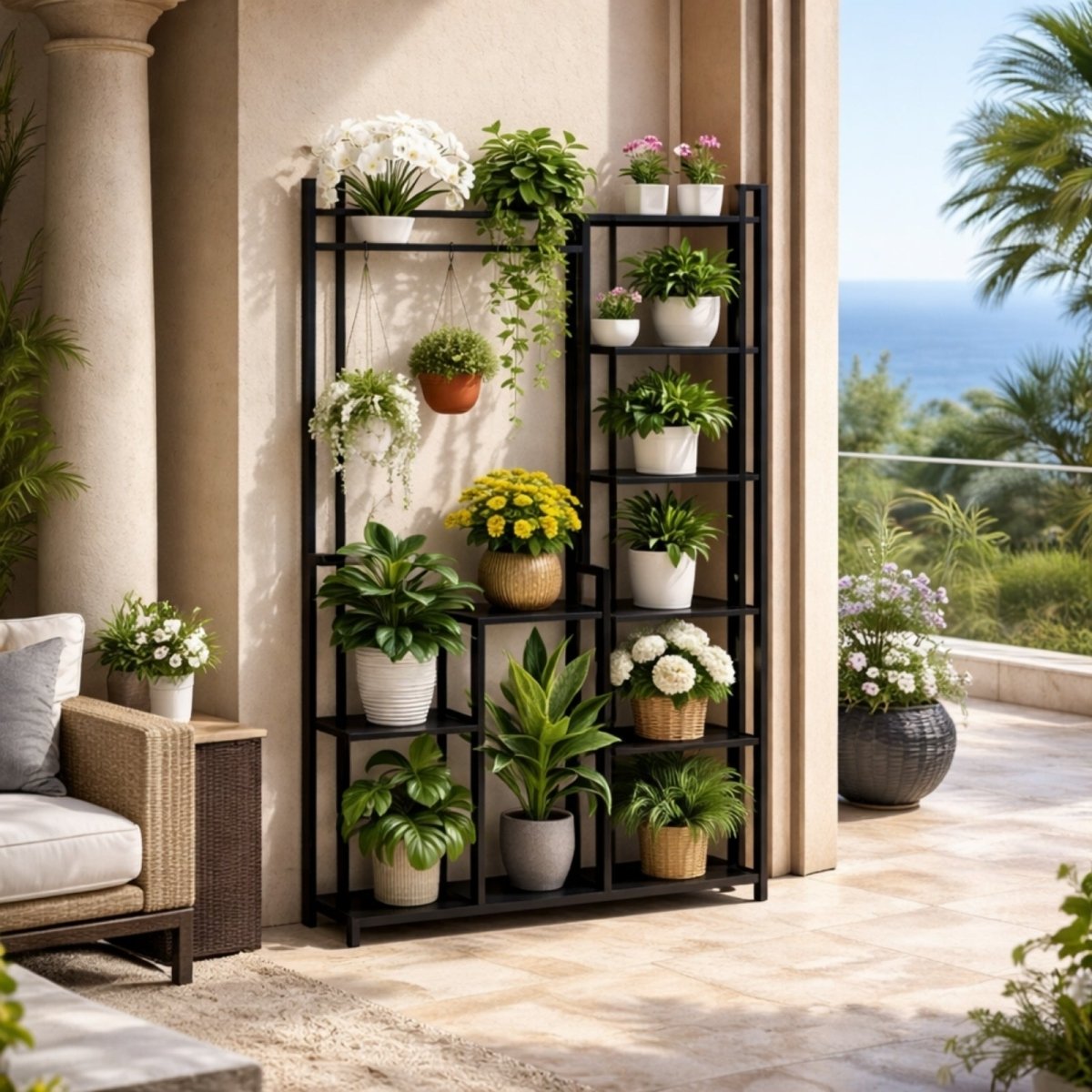 Weather-resistant tiered display shelf on a Mediterranean balcony holding blooming flowers, highlighting rust-proof baking paint finish.