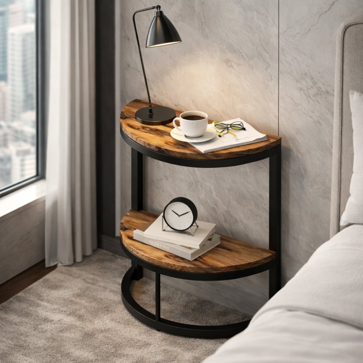 Small semicircular nightstand beside bed holding a lamp, coffee cup, and reading glasses, showing wood grain texture.
