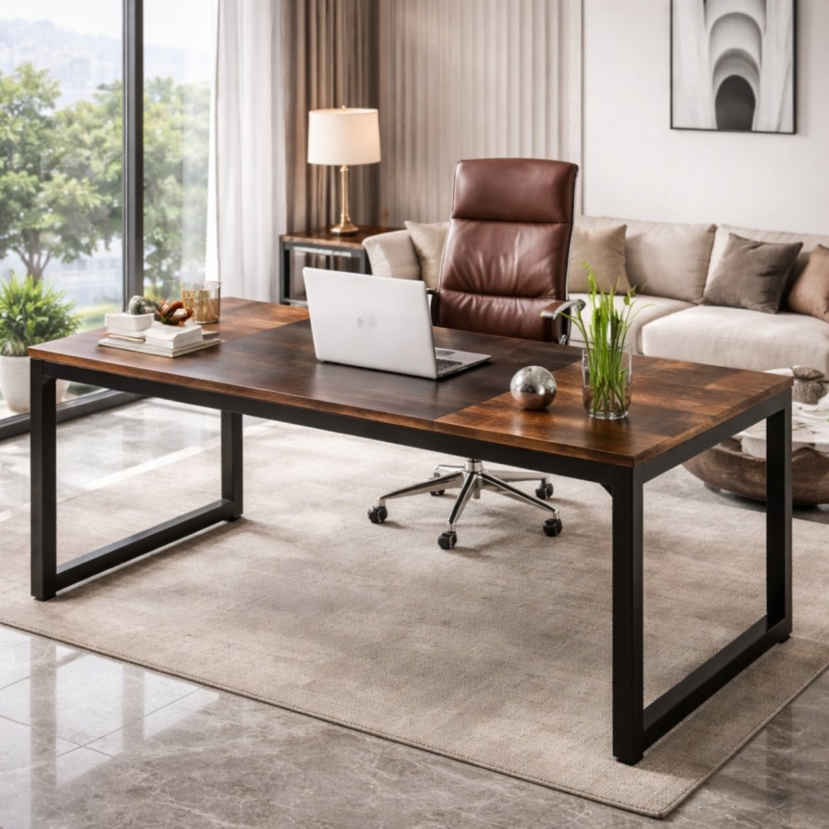 Angled shot of the Kouvr rustic office desk with a laptop and a brown leather executive chair in a sophisticated home office.