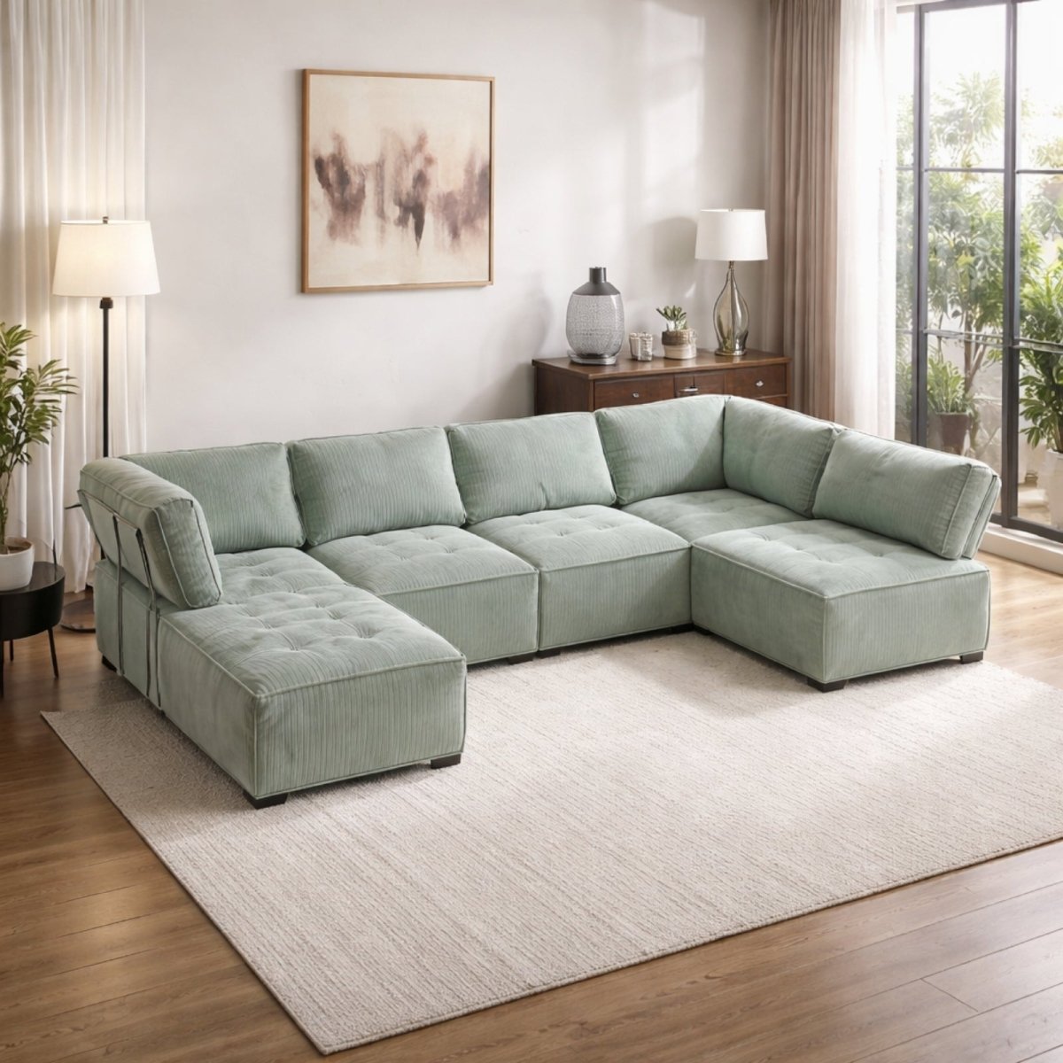 Light sage green 6-piece modular couch by Kouvr featuring wide-wale corduroy fabric and deep seating for luxury home styling.