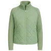 Model wearing Kouvr sage green quilted jacket with cable knit sleeves, viewed from the front