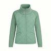 Model wearing Kouvr sage green quilted jacket with cable knit sleeves, viewed from the front