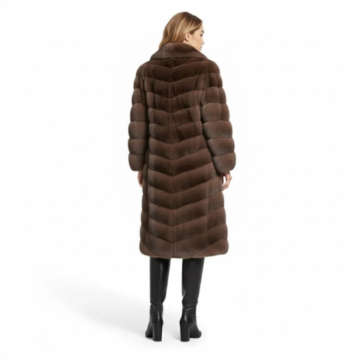 Back view of the Kouvr Fashion Sasha faux fur coat, showcasing the elegant chevron panel design in sable brown.