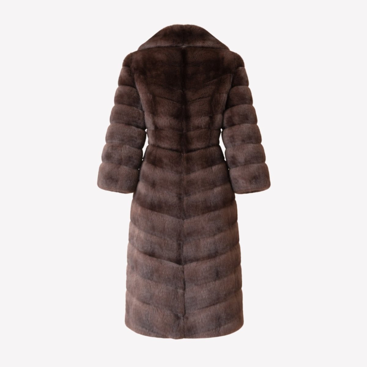 Flat lay product shot of the back of the Kouvr Fashion long brown faux fur coat, showing the detailed chevron pattern.
